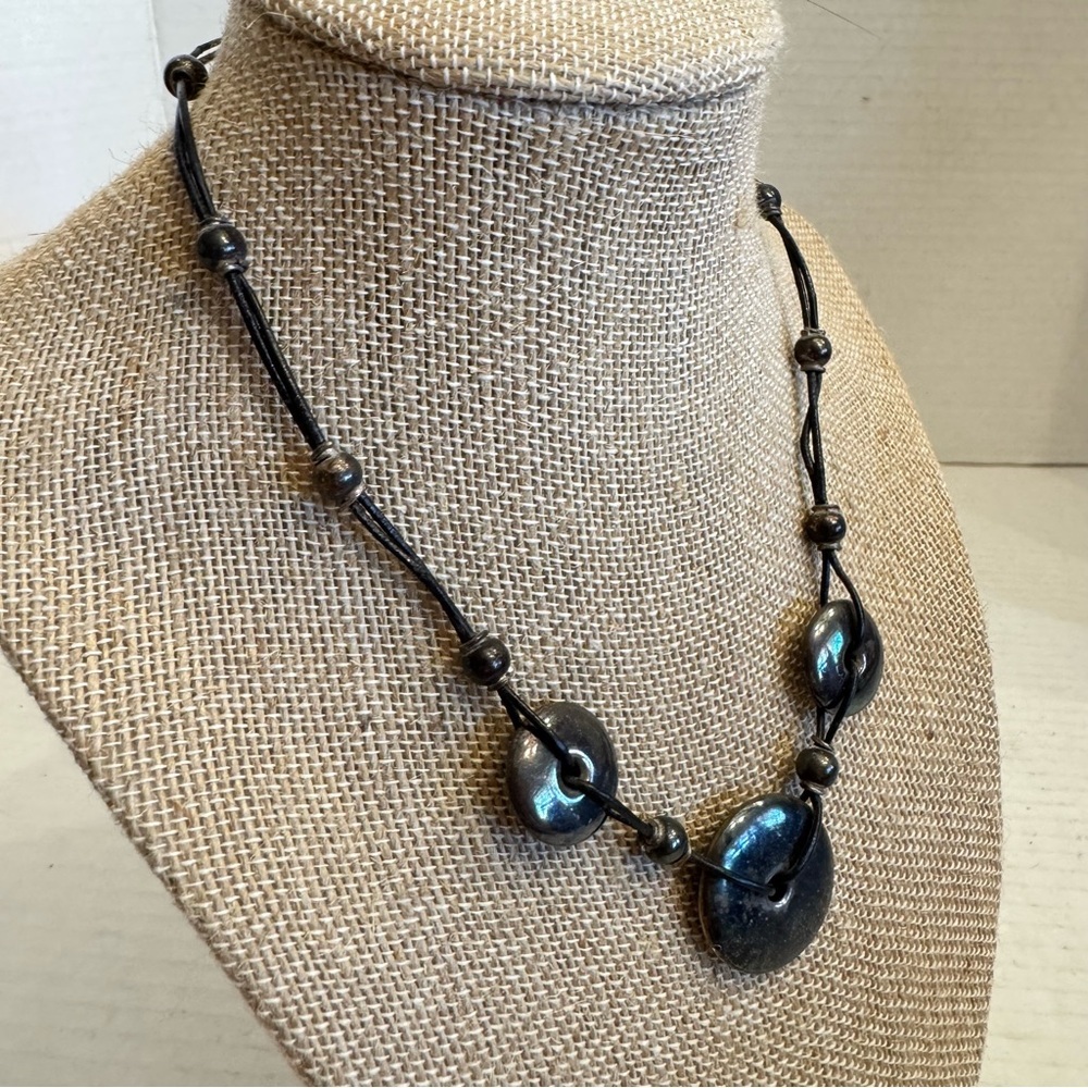 Sterling Silver Round Puffer Circle Discs Leather Cord Necklace Made in Italy - Picture 8 of 16